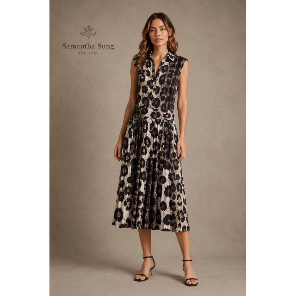 SAMANTHA SUNG Womens Shirt‎ Midi Dress 8 Sleeveless Leopard Print Flare A-Line